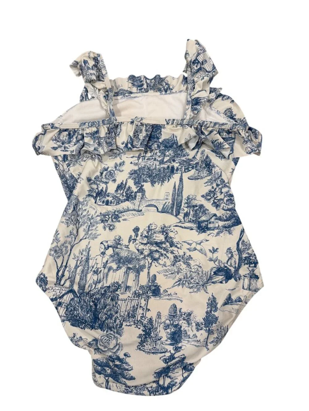 GB Big Girls 16 Blue & White Toile Print Ruffled One-Piece Swimsuit
